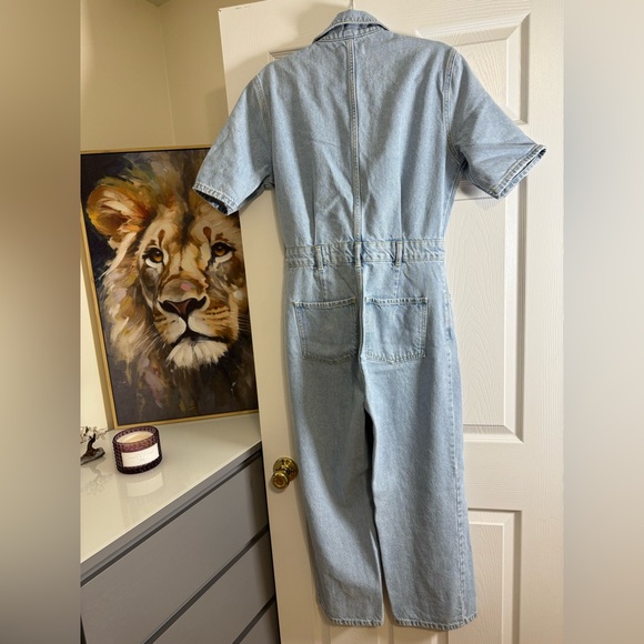 Light Wash Denim Jumpsuit | Short Sleeve Utility Boiler Suit - Picture 3 of 3